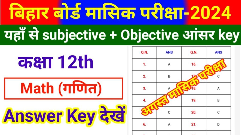 Bihar Board 12th Math August First Terminal monthly Exam Answer Key 2024